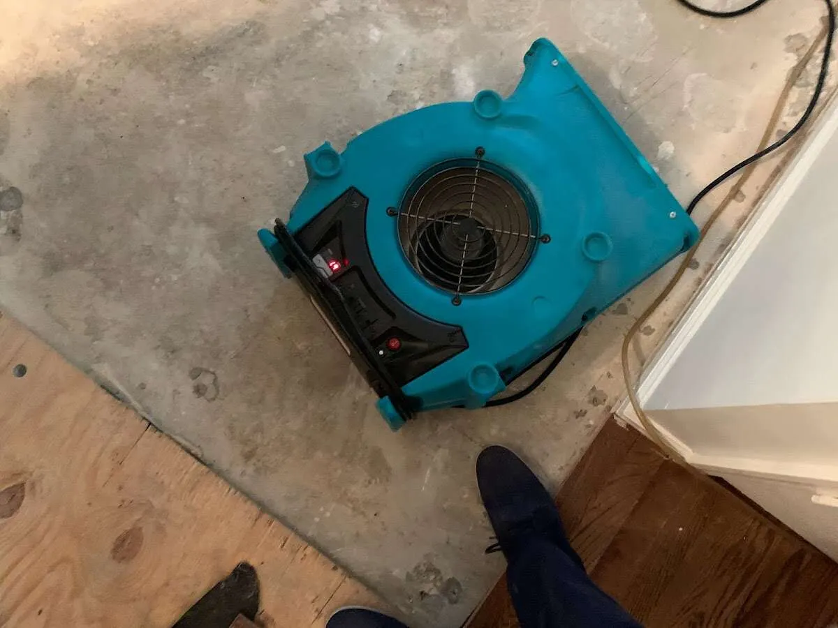 Air mover drying subfloor during Leak Detection & Repair in Starkville
